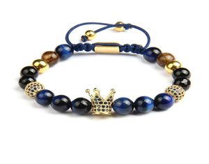 Blue CZ Crown Men Bracelets entiers 8 mm Perles de pierre d'œil de tigre naturel Bijoux de macrame avec perles en acier inoxydable2741752