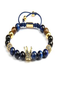 Blue Cz Crown Men Bracelets entièrement 8 mm Bijoux de macrame de pierre d'œil de tigre naturel avec perles en acier inoxydable5719645