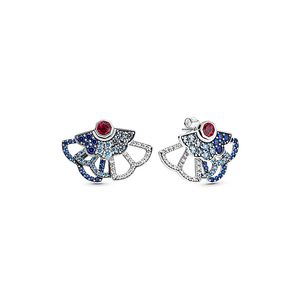 Boucles d'oreilles à tige en forme d'éventail avec diamants CZ bleus en argent sterling véritable avec boîte d'origine pour bijoux exagérés Pandora Boucles d'oreilles de fête de mariage pour femmes et filles