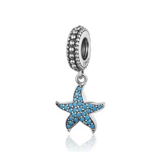 Bleu CZ Full Pave Réglage Mignon Étoile De Mer Dangle Charme Pendentif Fit Pandora Bracelet 100% Véritable 925 Sterling Silver213M