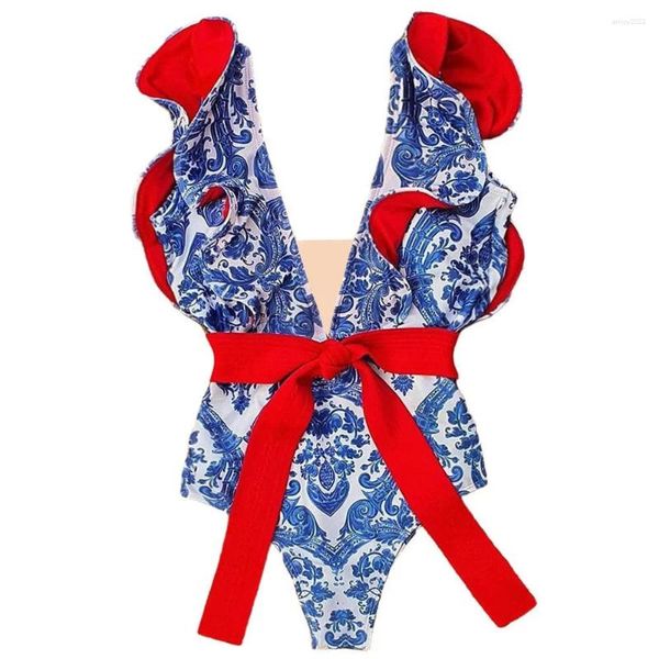 Blue Deep v Ruffled praia tenues avec ceinture pour femme de luxe à imprimé floral en une pièce de maillot de bain de bains de sortie plage 2024