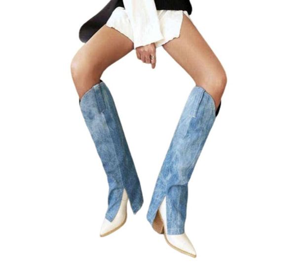Bottes de jean en jean bleu pour femmes pantalons hauts genoux botas fente coupées longues cowboy bottes mode dames med talon chaussures oversize 43 T228980698