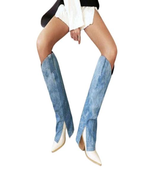 Bottes de jean en denim bleu pour femmes pantalons hauts genoux botas fente coupées longues bottes de cowboy fashion dames med talon chaussures oversize 43 t229489633