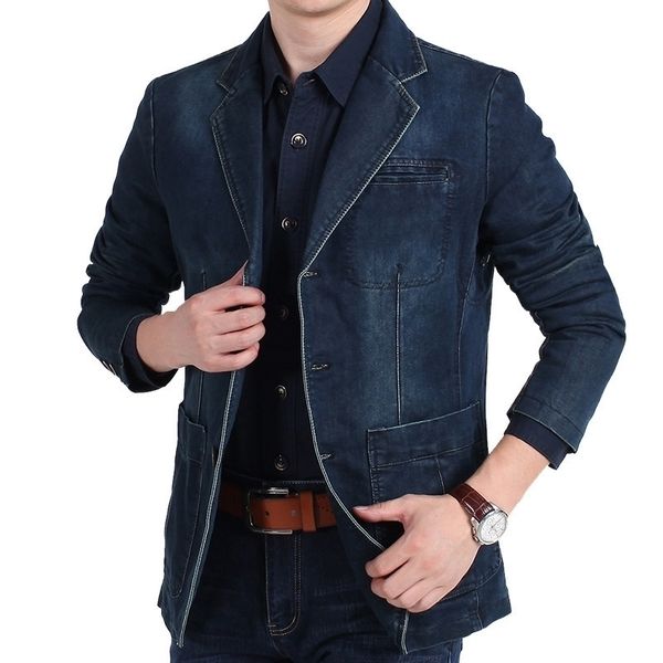 Blue Denim Men's Blazer Jacket Col cranté Jeans en détresse Blazers Hommes Single Breasted Slim Fit Cowboy Blazer Masculino 4XL 210522