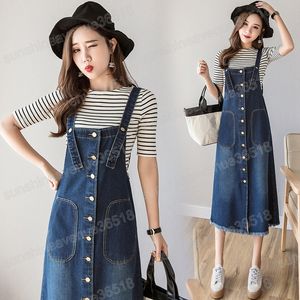 Blue Denim Midi Dress Spring Summer Women Casual Mouwloze Tassel overalls jurk vrouw Korean Big Pocket Suspener Jean -jurken