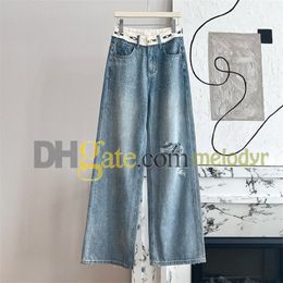 Blue Denim Pantalon Femmes Jeans Lettre en ligne Brut-jambe pantalon concepteur long jeans Cool Girl Hole Pants Streetwear