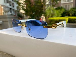 Lunettes de soleil design bleu pour femmes hommes marque lunettes rectangulaire sans cadre lunettes de soleil texture miroir cadre or Waving Plate bois lunettes accessoires étui