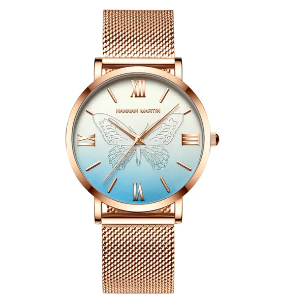 Reloj con correa de malla de acero de oro rosa de cuarzo japonés con esfera azul, los mejores regalos, pulseras de mujer para esposa, amigas