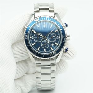 Blauwe Wijzerplaat Meter Horloge 44mm Quartz Chronograaf Duiker 600m Roestvrij Staal Glas Terug Sport Zee Heren Watches266z