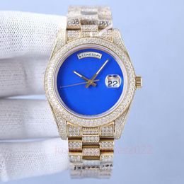 Horloge met blauwe wijzerplaat Zirkoon Luxe Iced Out Diamond Heren 40 mm DAYDATE Automatisch mechanisch 3A Vegen Populair merk 16233 Saffierglas Geelgouden horloge