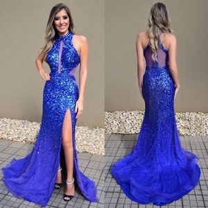 Blauwe diamant kristal zeemeermin prom jurken juweel hals strass kralen rits formele feestjurk sexy kant split avondjurk formele jurken