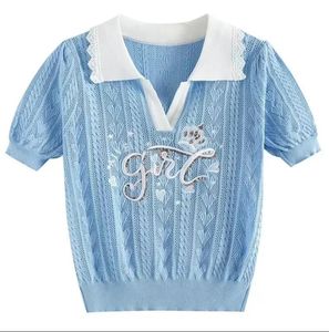Blue Diamonds Sweater Dames gebreide t-shirt tops 2024 Zomerbrieven Borduurwerk Elegante mode stijlvolle pullover korte mouw jumpe