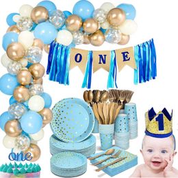 Juego de vajilla desechable para fiesta de puntos azules, globos de látex blancos y dorados, arco de guirnalda, Baby Shower para niños, decoración de 1er cumpleaños 231220