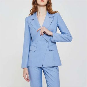 Blue Double Breated Business Suits voor vrouwen, vrouwelijke broekpak, jas en broek, broek, kantoorstijl, op maat gemaakt