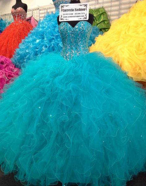 Robe bleue robe de bal ragazzza quinceanera robes 2015 Crystal perle tulle vestidos 15 ans seize filles robes de balle mascarade5237178
