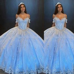 Blauwe jurken kralen Quinceanera Applique Sky Lace Spaghetti -riemen Tiered Tule Crystals Custom Made Prom Princess Sweet 16 Verjaardagsfeestjurk Vestidos