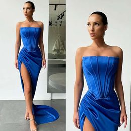 Blauwe jurken Bone Royal Strapless Sexy Prom Bodice Party Feest avondjurken plooien Semi -formele rode loper lange speciale OCN -jurk