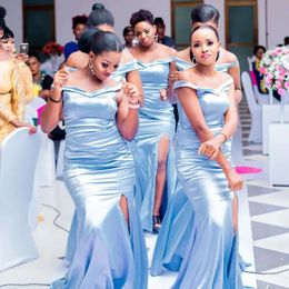 Blauwe jurken lignt 2024 Bruidsmeisje zeemeermin van de schouderbanden zijsplaraat vloer lengte op maat gemaakte plus size bruidsmeisje jurken Vestidos strand bruiloft