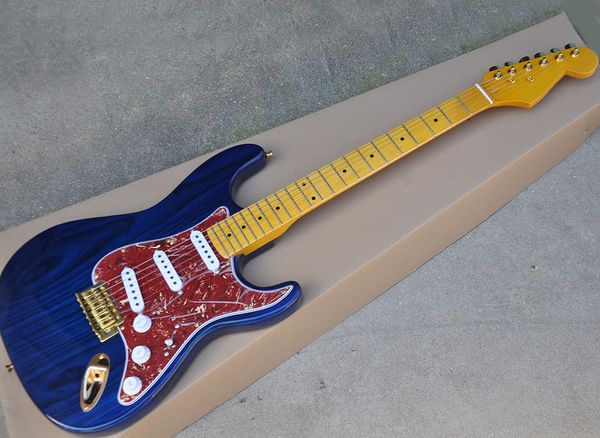 Guitare électrique bleue avec corps en frêne, manche en érable jaune, pickguard rouge, quincaillerie dorée, peut être personnalisée à la demande