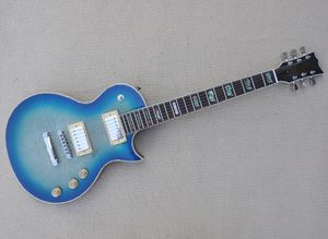 Guitare électrique bleue avec touche en palissandre et incrustation d'ormeau offrant des services personnalisés.