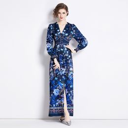 Blauwe elegante maxi-jurk in rechtbankstijl, vintage print, V-hals, enkele rij knopen, jurk met hoge taille, lantaarnmouwen, Boho lange gewaden