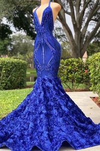 Bleu élégant royal en cascade dentelle fleurs robe de bal sexy sirène licou cou appliques paillettes satin longues robes de soirée dos nu robes de soirée