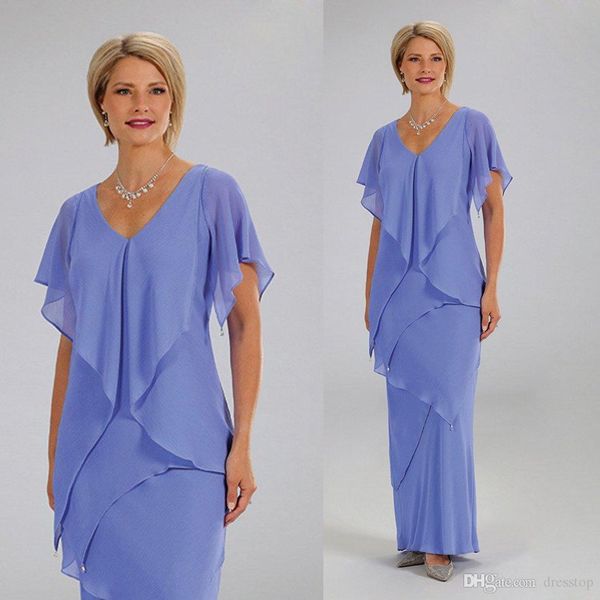 Bleu élégant gaine en mousseline de soie mère des robes de mariée avec des manches courtes cheville longueur col en V mariage invité robe mères robes de bal plus