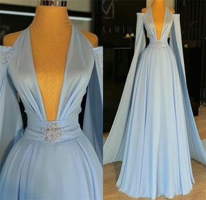 Blauwe elegante hemel avondjurken vegen trein halter nek lange mouw wrap kralen prom feest zuhair murad jurk vestidos festa