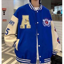Blauw geborduurd honkbal kleding tij merk losse hong kong stijl persoonlijkheid brief stikwerk trend casual paar trafjack