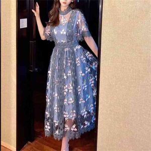 Blauwe borduurwerk mesh jurk vrouw o-hals lantaarn korte-mouwen patchwork hoge taille elegante partij vestidos dame zomer 210603