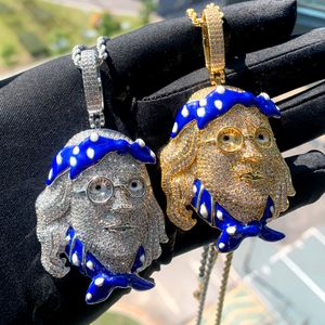Émail bleu Benjamin tête visage pendentif à breloque collier avec chaîne de corde Hip Hop femmes hommes entièrement pavé 5A zircon cubique cadeau bijoux