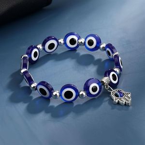 Bracelets à breloques bleu mauvais œil Hamsa, bijoux pour femmes et hommes, mode noire, porte-bonheur Fatima Plam, perles extensibles, brins254y