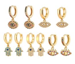 Blue Evil Eye Hoop Moucles d'oreilles Design de mode 18K Gold Femmes plaquées Cubic Zirconia Fatima Hamsa Pendant Turquie Rhingestone Devil7874914
