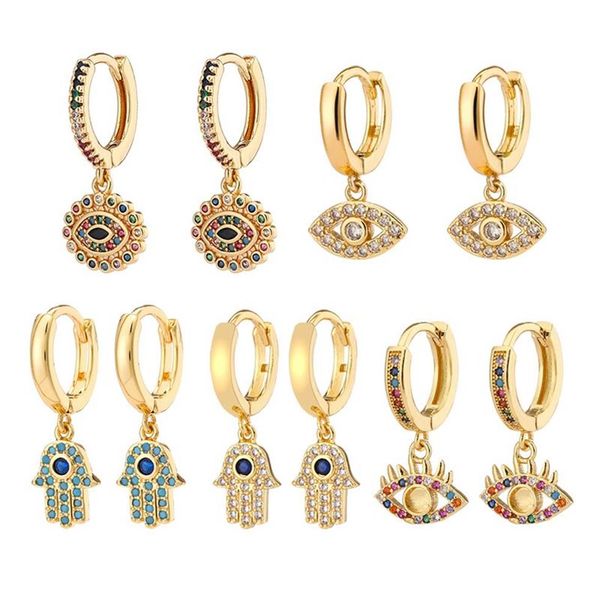 Boucles d'oreilles créoles bleu mauvais œil Design de mode plaqué or 18 carats femmes zircon cubique Fatima Hamsa pendentif main strass turc Devil3090