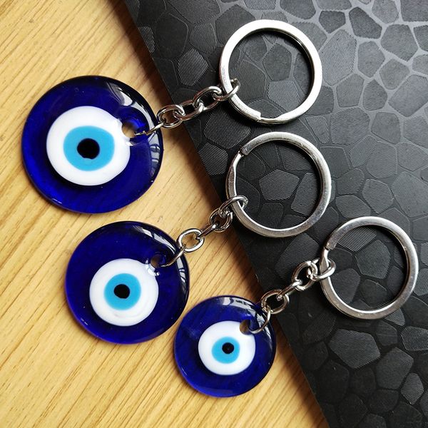 Bleu mauvais œil porte-clés anneau 3 cm 3.5 cm 4 cm diamètre verre rond chanceux yeux turcs pendentif breloques sac porte-clés mode bijoux accessoires cadeaux voiture porte-clés