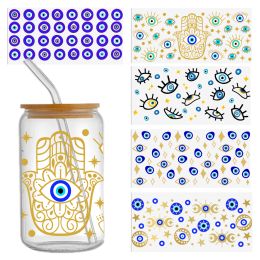 Perles des yeux bleus 16 oz dtf tasses autocollants cool personnalisent les étiquettes autocollants de transfert UV enveloppement bricolage