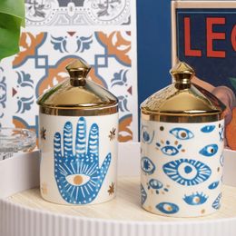 Ojos azules Hamsa mano creativa cerámica almacenamiento tarro taza de café joyería bandeja vela taza decoración del hogar plato vajilla 240307