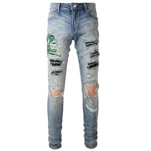 Blue Fall Animal Snake broderie Patchwork Jeans Hombre Motorcycle Pantal
