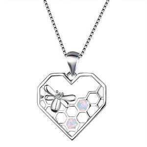 Colliers à breloques en opale blanche bleue pour filles, pendentif en forme de cœur, nid d'abeille, Animal, chaîne Boho, bijoux 249k