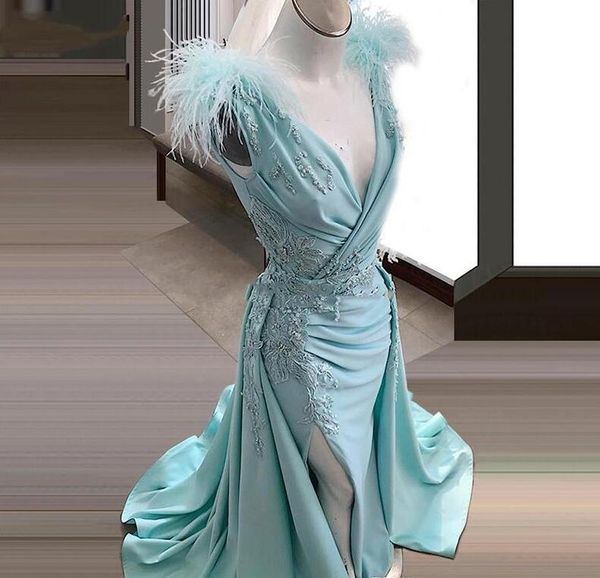 Bleu Plume Robes De Bal Sirène Applique Perlée Turc Islamique Haute Split Côté Robes De Soirée Avec Train Détachable Robes De Soirée