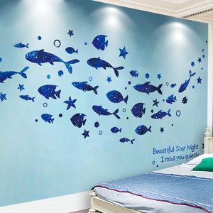 Pegatinas de pared de peces azules, calcomanías de Mural de estrellas de dibujos animados DIY para habitaciones de niños, dormitorio de bebé, decoración del hogar