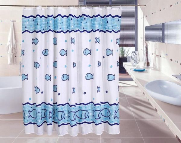 Cortinas de ducha de peces azules calificadas 100 poliéster, cortina de baño de peces felices, cortina de ducha de peces de dibujos animados de moda impermeable6563383