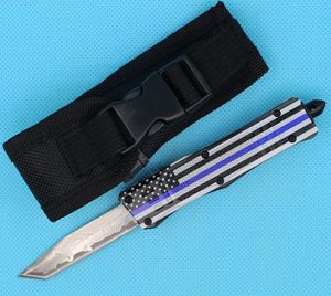 Drapeau bleu 7 pouces 616 Mini couteau tactique automatique Damas acier lame à bord unique poignée en alliage Zn-al couteaux de poche EDC avec sac en nylon