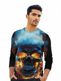 Blue Flame Skull LG Sleeve T-shirt All-over Print Motif peint à la main Vêtements pour hommes imprimés en 3D Tendance de rue populaire Be Tee F0jQ #