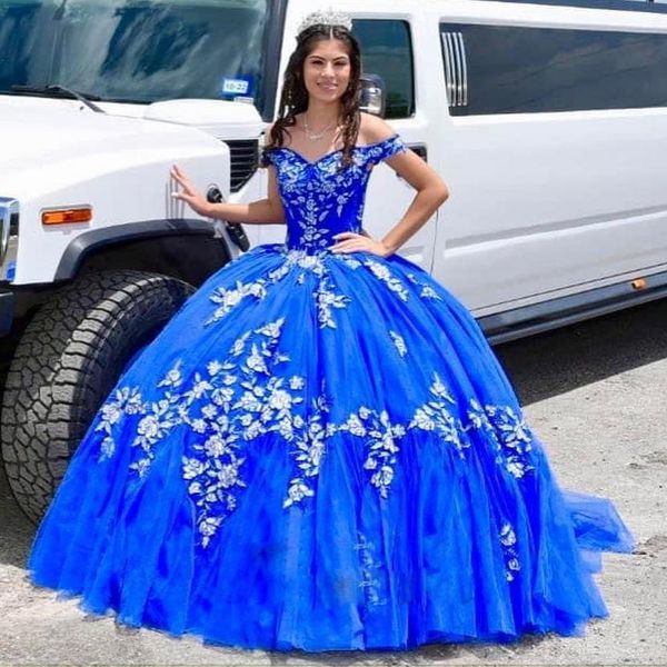 Appliques florales bleues Quinceanera robes de bal sur les vestidos épaule de 15 anos limere tulle princesse junior filles d'anniversaire de fête d'anniversaire 326