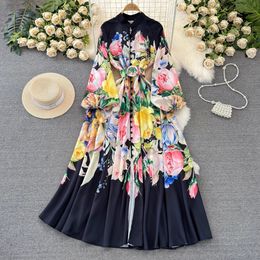 Robes décontractées Printemps Vacances Fleur Lin Robe Femmes Stand Longue Lanterne Manches Floral Imprimer Ceinture Simple Ceinture Party Maxi Robes 2024