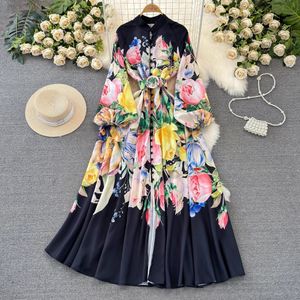 Vestidos casuales Primavera Vacaciones Flor Vestido de lino Mujeres Soporte Manga larga Linterna Estampado floral Cinturón de un solo pecho Fiesta Maxi Vestidos 2024