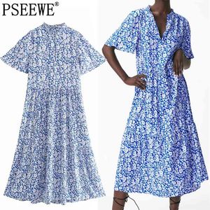 Blauwe bloemen lange jurken vrouw zomer korte mouw oversized midi jurk vrouwen ruche casual dames 210519