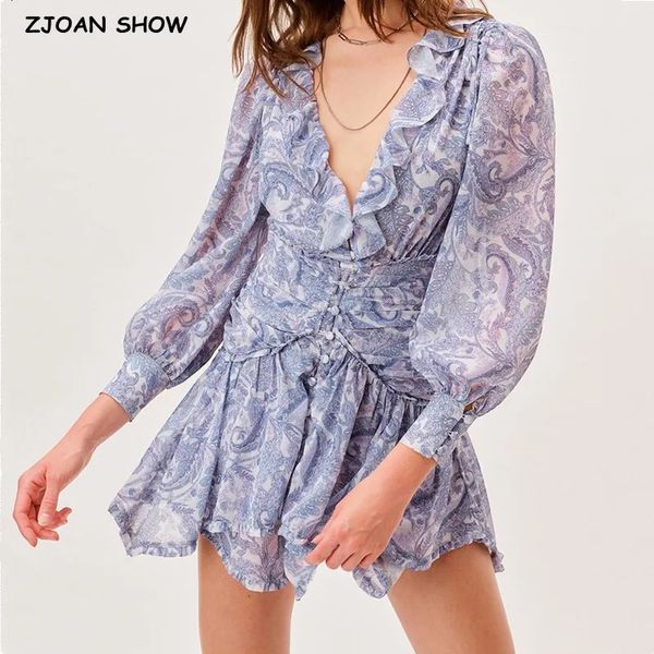 Blue Floral Print Mariffon Mini robe Femme Femmes Bois Roups Vins V Filh Boutons ouverts Slim Robe de vacances à manches longues Robe 240416