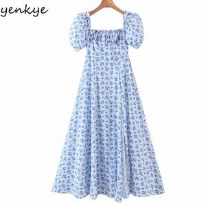 Bleu imprimé floral élégant longue robe maxi femmes col carré manches courtes fentes sexy a-ligne robe d'été longue 210430